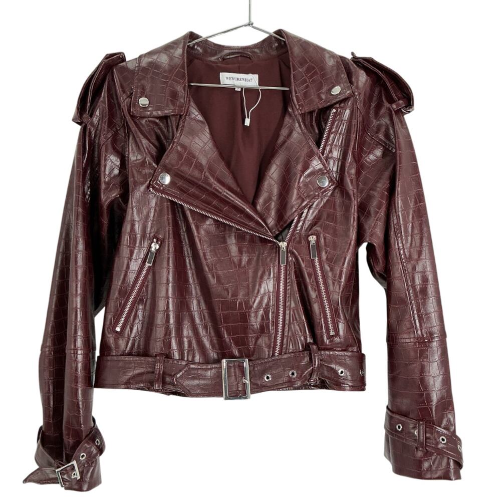 WeWoreWhat Croc Embossed Burgundy Moto Jacket Size XS - Picture 2 of 4